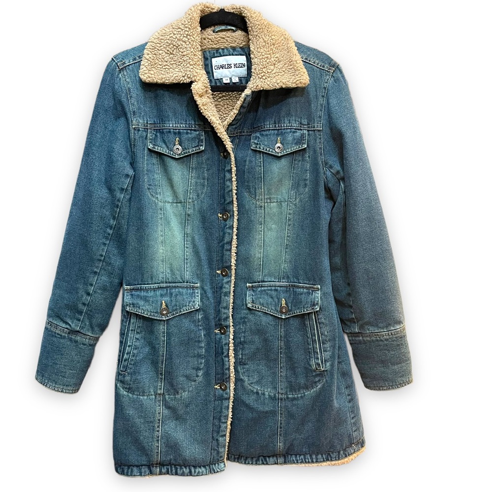 Charles Klein Denim Long Jean Jacket Faux Fur Y2K Women's Size M